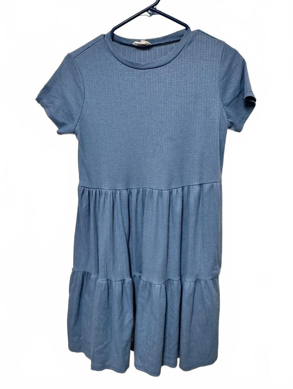 See You Monday Slate Blue Ribbed Knit Tiered Babydoll Dress Size M